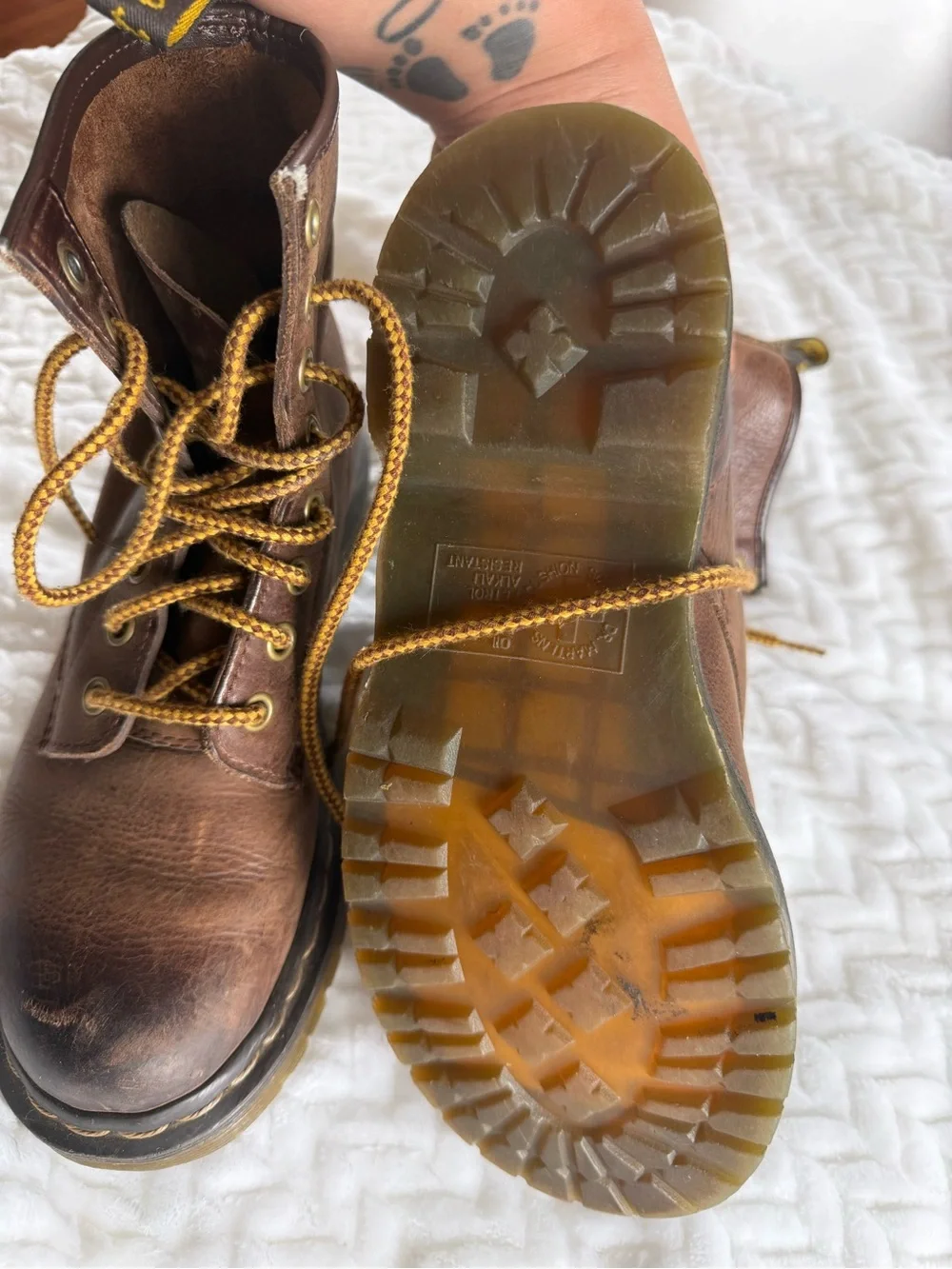 Dr. Martens Brown Leather Lace-Up Men's Boots with Yellow Stitching